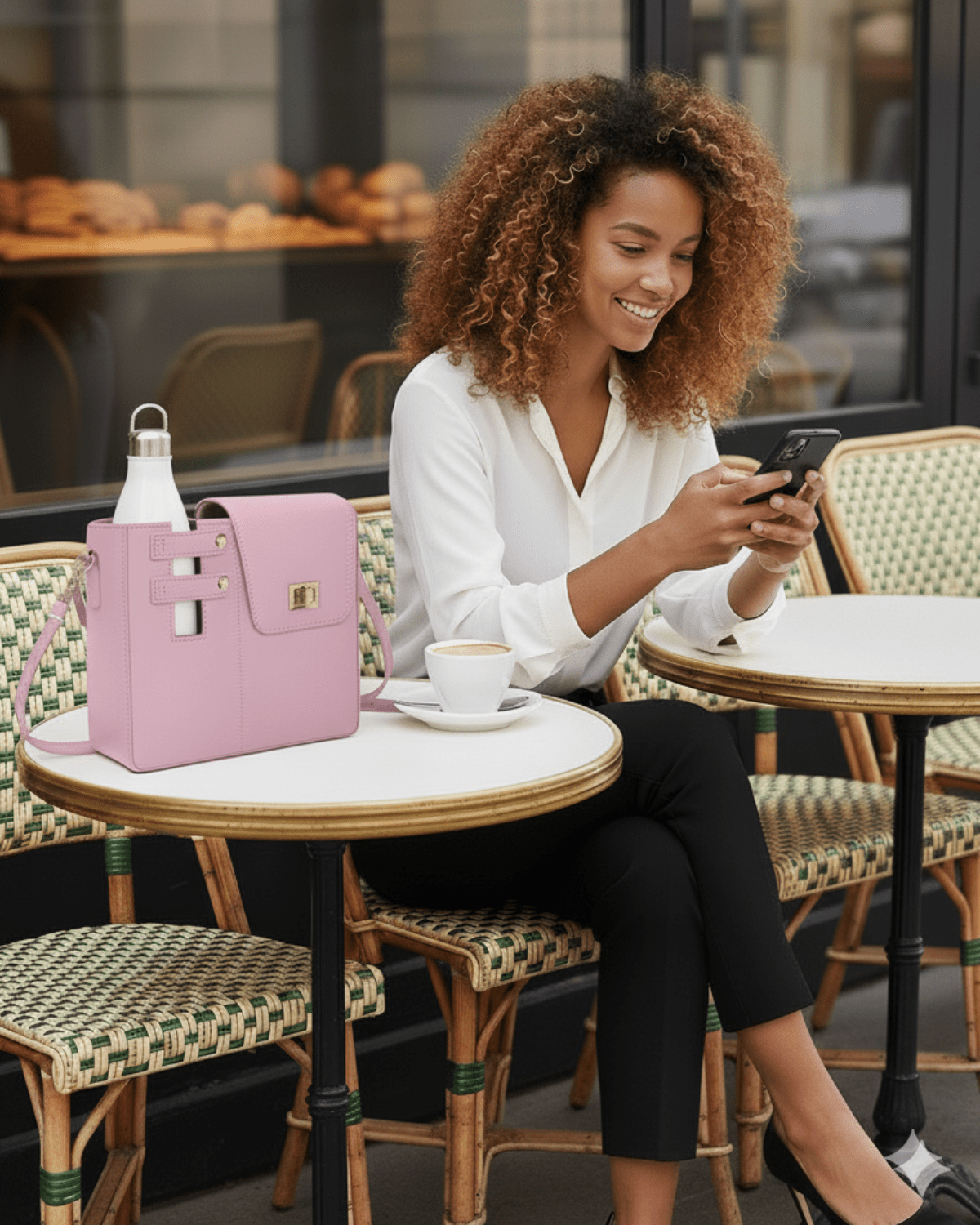 Femme vistasac rose pastel à la boulangerie